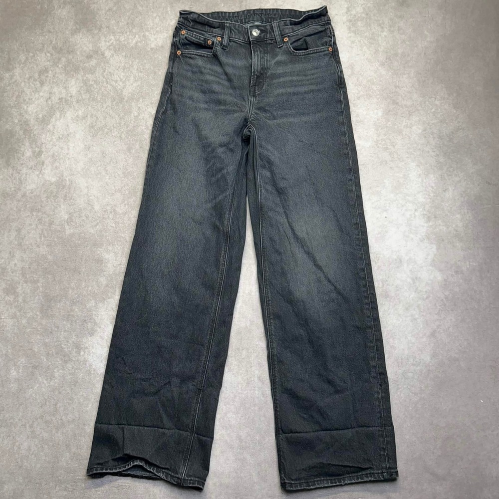 American Eagle Stovepipe Jeans Womens 2 Short Washed Black High Rise Straight *